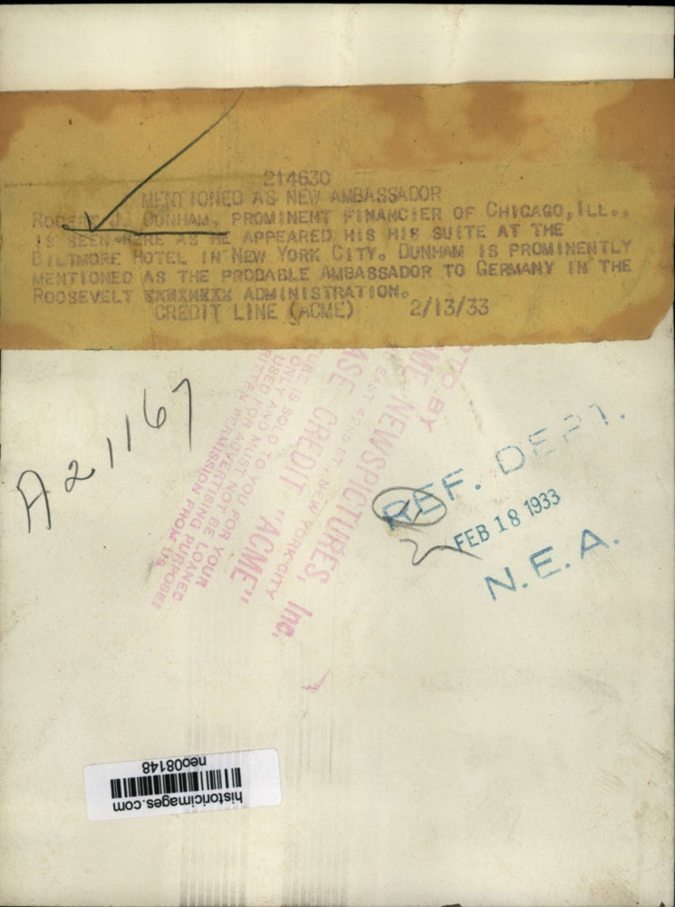 1933 Press Photo Robert Dunham Probably Amb. to Germany under Roosevelt Admin.