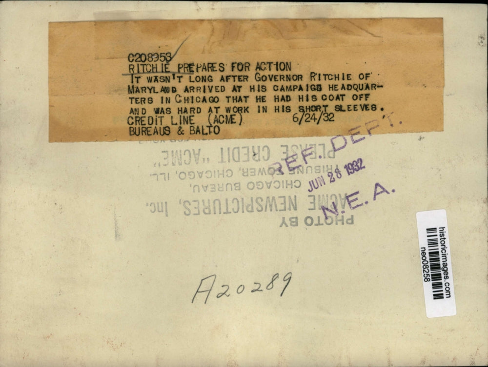 1932 Press Photo Governor Ritchie of Maryland Arrives in Chicago Headquarters