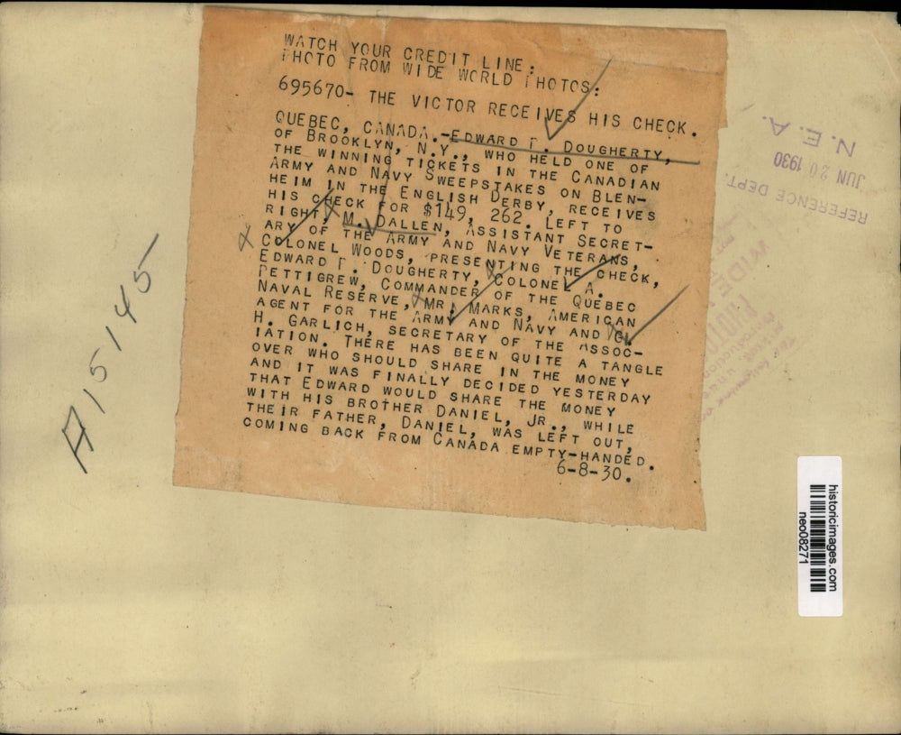 1930 Press Photo Edward Dougherty Wins Canadian Army/Navy Sweepstakes