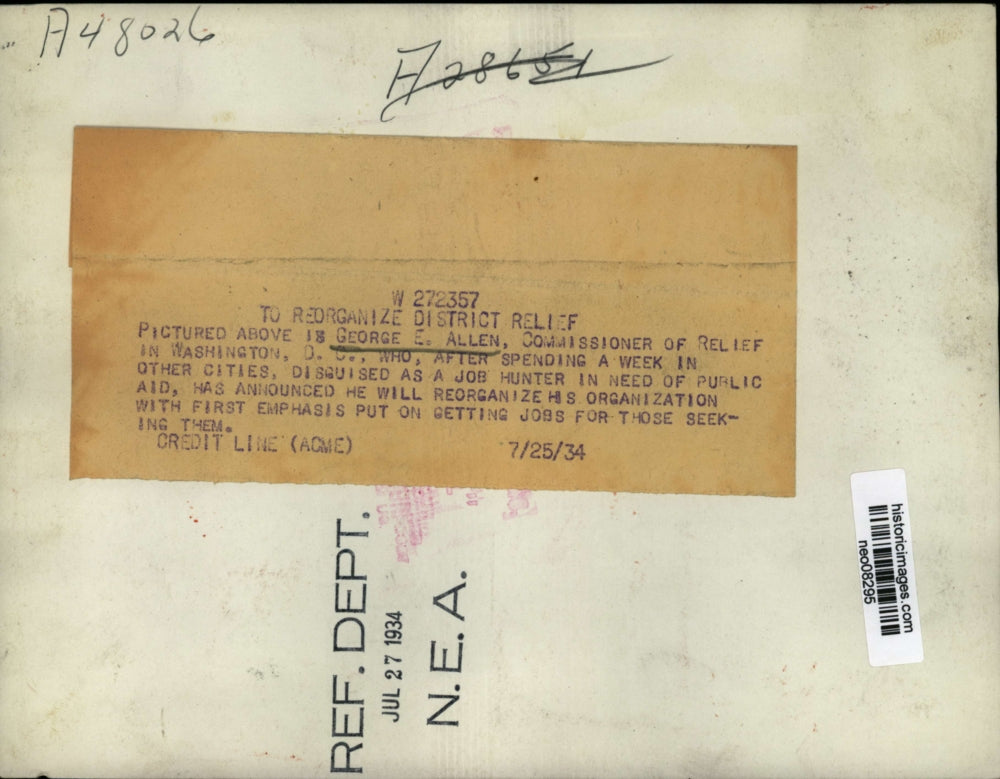 1934 Press Photo George Allen Commissioner of Relief, Washington, DC - neo08295