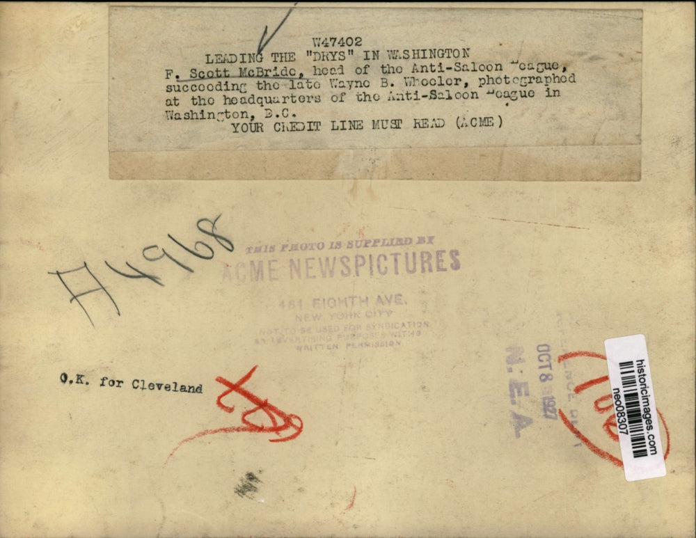 1927 Press Photo P. Scott McBride head of Anti-Saloon League in Washington DC