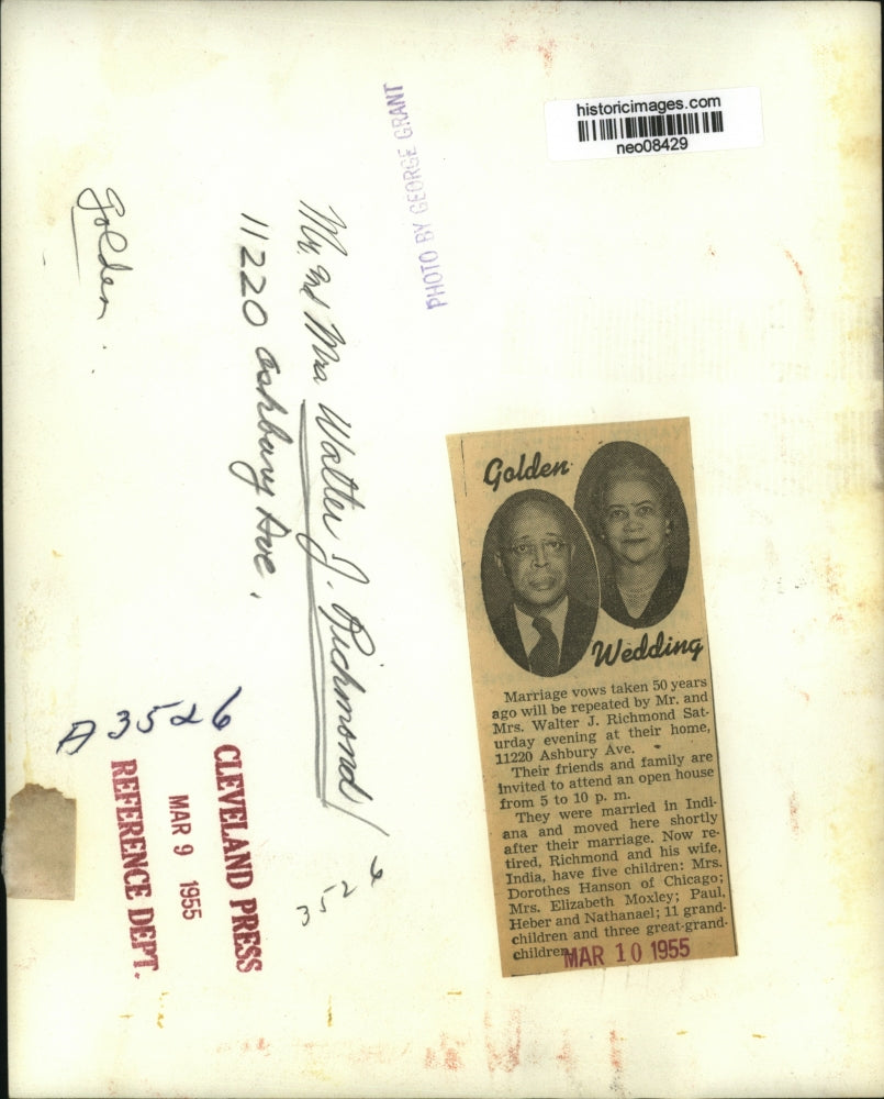 1955 Press Photo Mr & Mrs Walter Richmond Celebrate 50th Anniversary, Cleveland