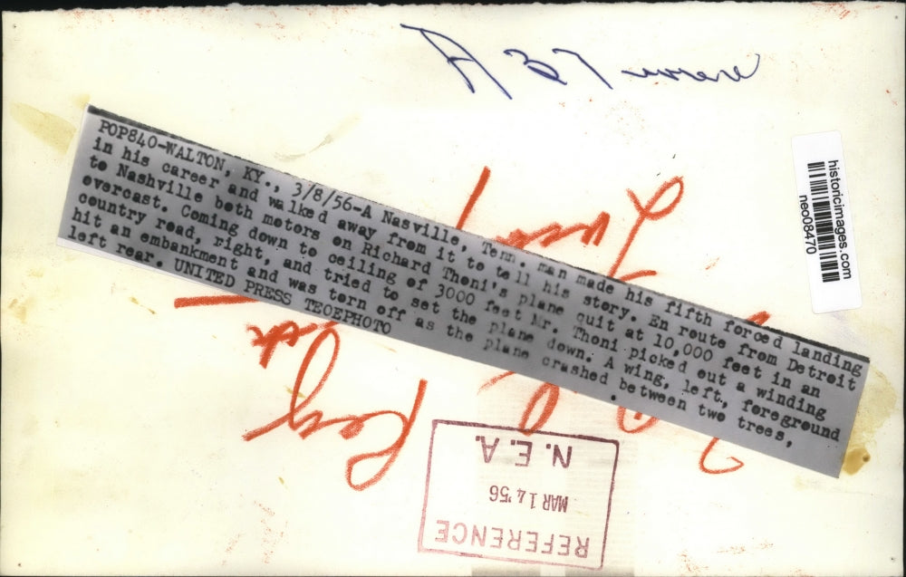 1956 Press Photo Richard Thoni Makes Forced Plane Landing in Nashville, TN