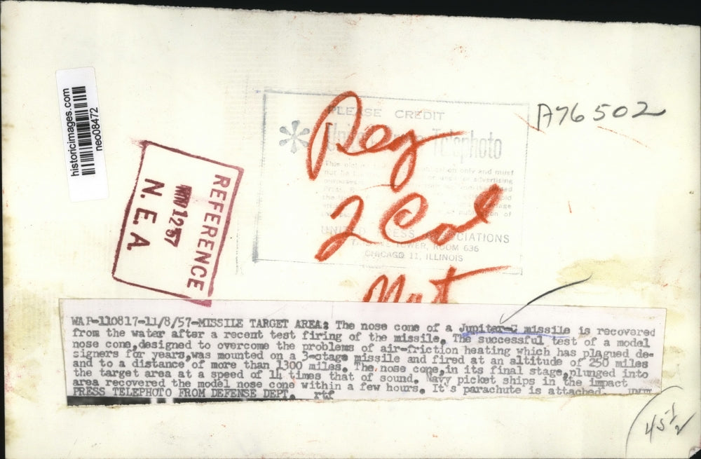 1957 Press Photo Jupiter Missile Recovered After Successful Test Firing