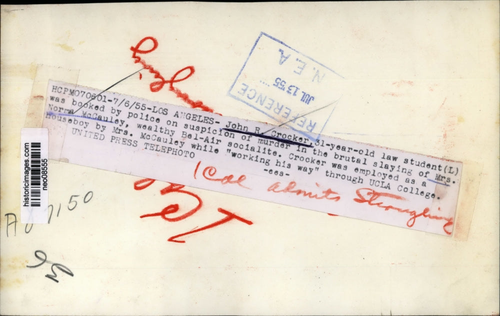 1955 Press Photo John R. Crocker Arrested for Norma McCauley Murder, Los Angeles