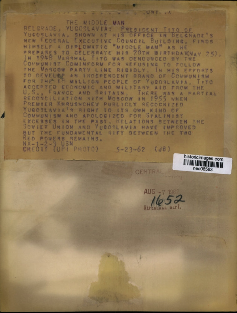 1962 Press Photo President Tito of Yugoslavia - neo08583