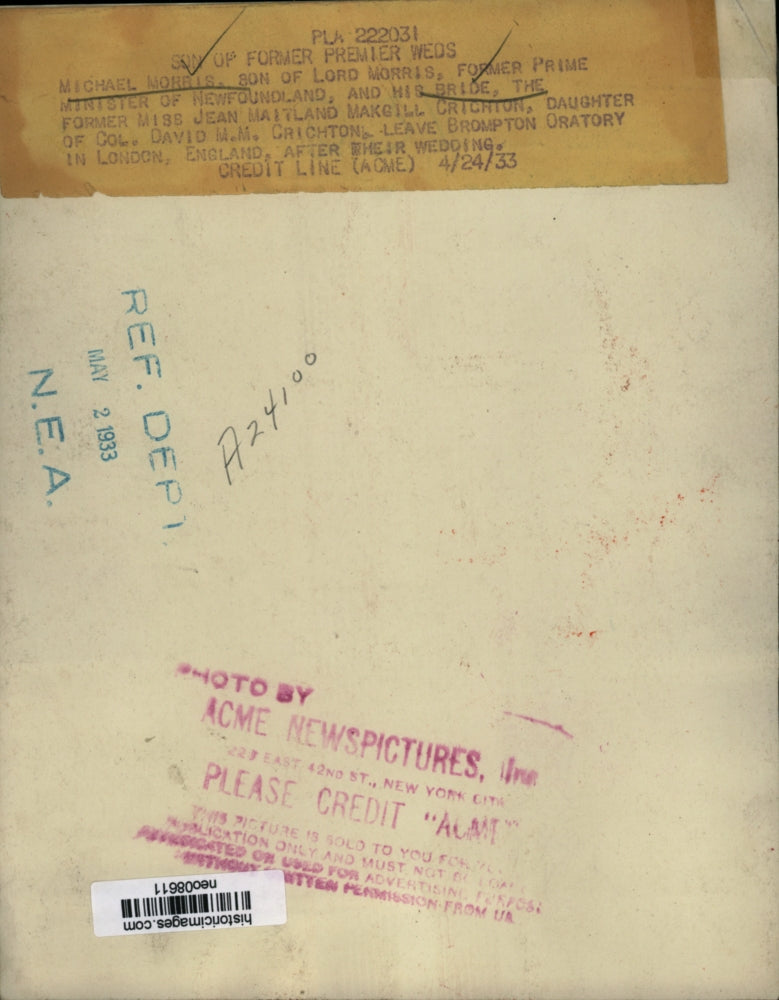 1933 Press Photo Michael Morris and his bride Jean Maitland Makgill Crichton