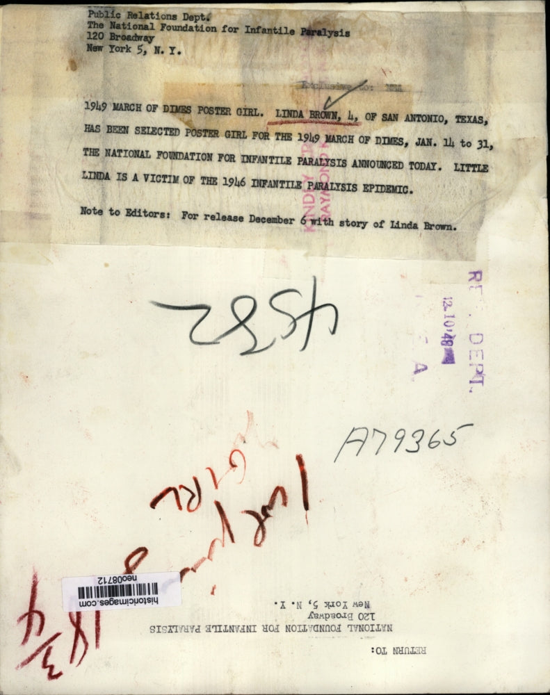 1948 Press Photo Linda Brown, March of Dimes Infantile Paralysis Poster Child