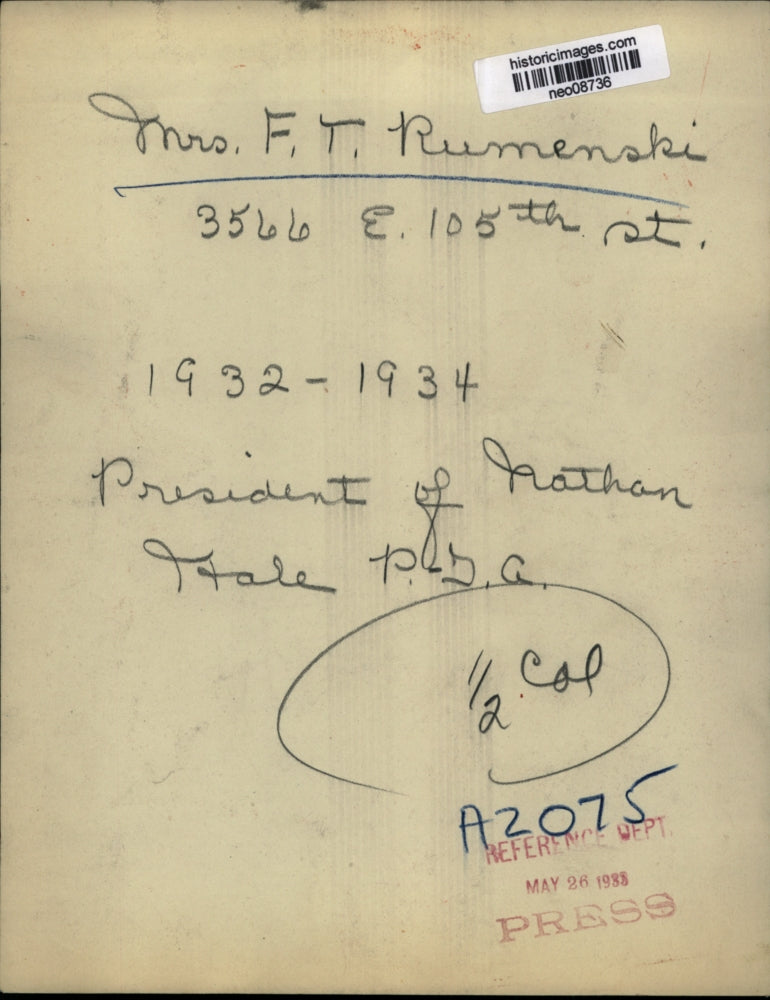 1933 Press Photo Mrs. F.T. Rumenski, President Nathan Hale PDA - neo08736