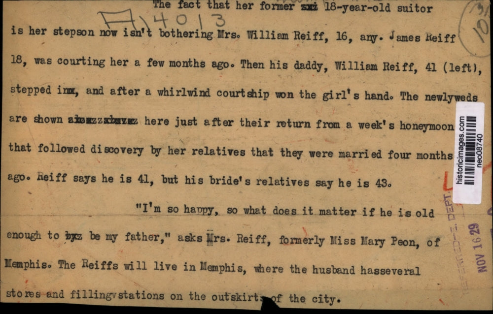 1929 Press Photo William Reiff & Wife nee Mary Peon of Memphis, Tennessee