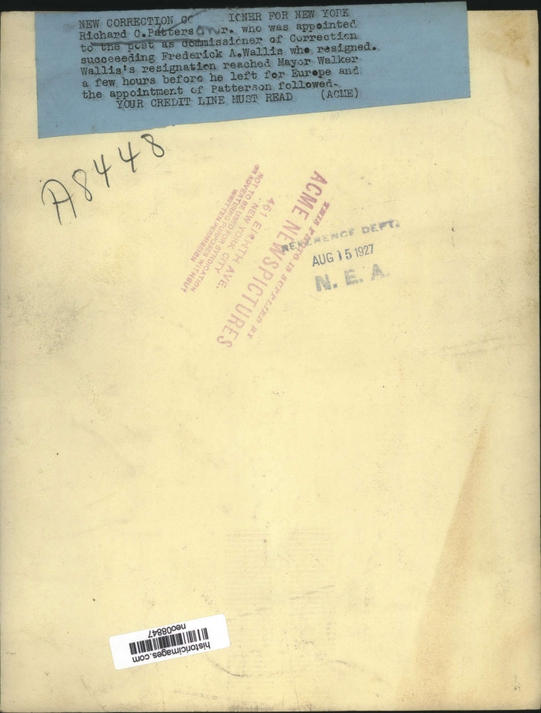 1927 Press Photo Richard C. Patterson, Correction Commissioner for New York