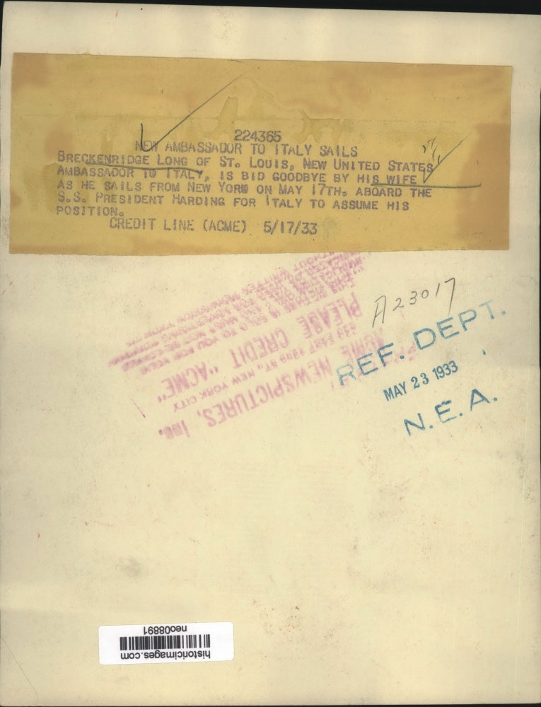 1933 Press Photo Breckenridge Long, New US Ambassador to Italy, Bids Wife Adieu