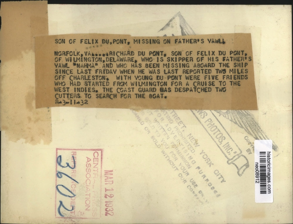 1932 Press Photo Richard du Pont Missing from Father's Yawl, Norfolk Virginia