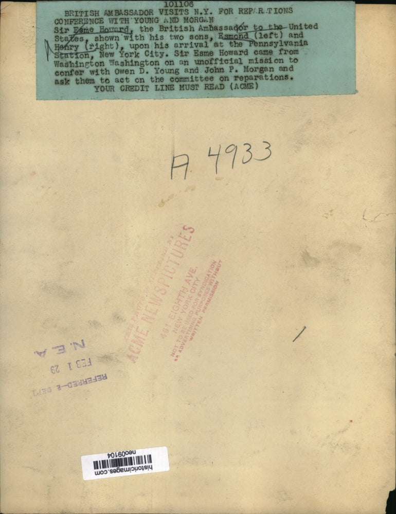 1929 Press Photo Sir Esme Howard, British Ambassador to U S Visits NYC for Conf.