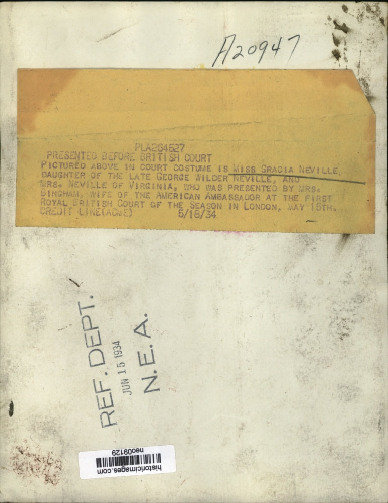 1934 Press Photo Gracia Neville in royal British Court Costume - neo09129