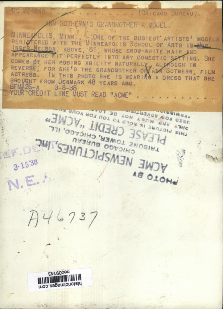 1938 Press Photo Inger Nelson, Ann Sothern's Grandmother & Artist's Model