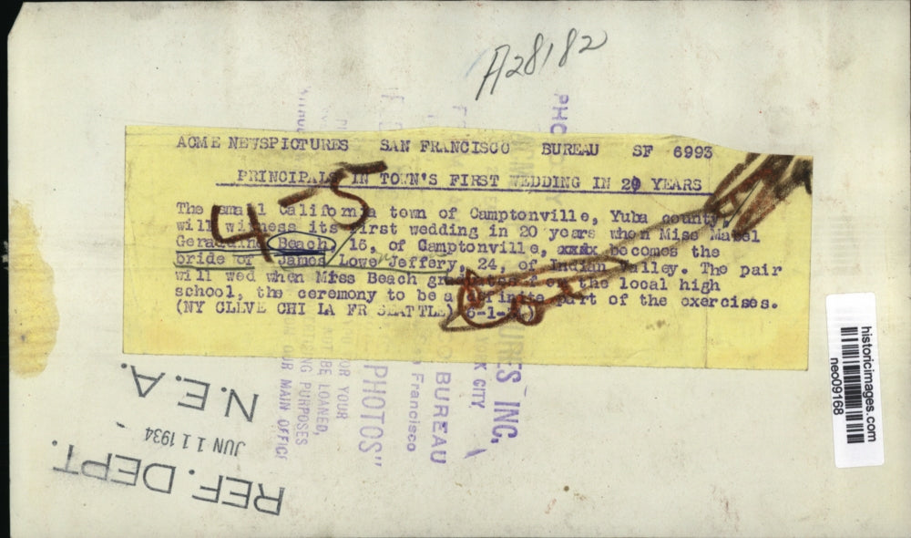 1934 Press Photo Mabel G. Beach and fiance James Lowe Jeffery, Camptonville CA