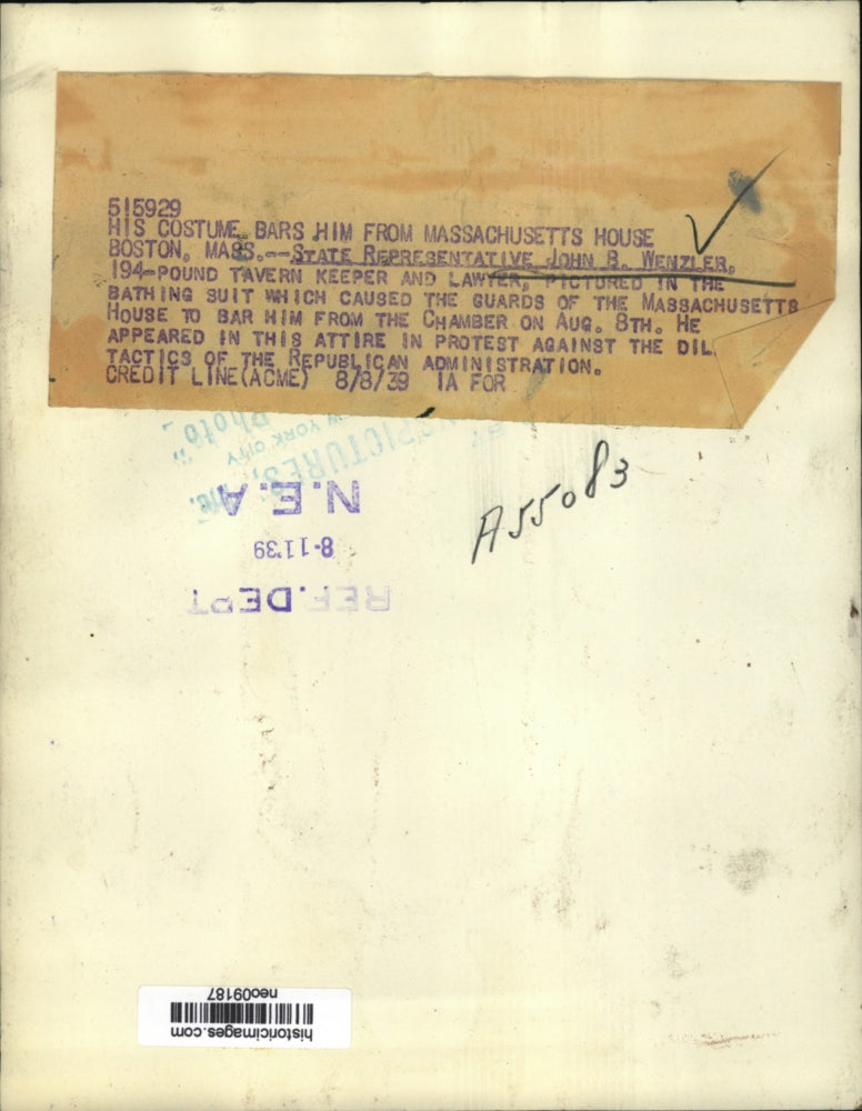 1939 Press Photo Congressman John B. Wenzler in Costume Banned from Chamber