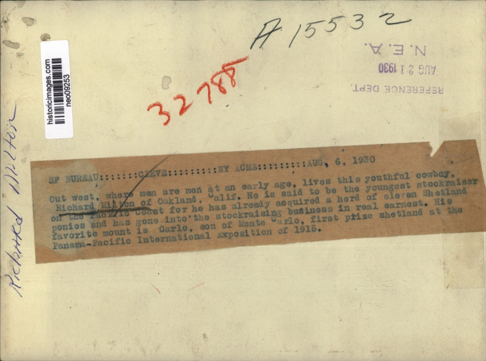 1930 Press Photo Richard Milton, Youngest Stockraiser on Pacific Coast