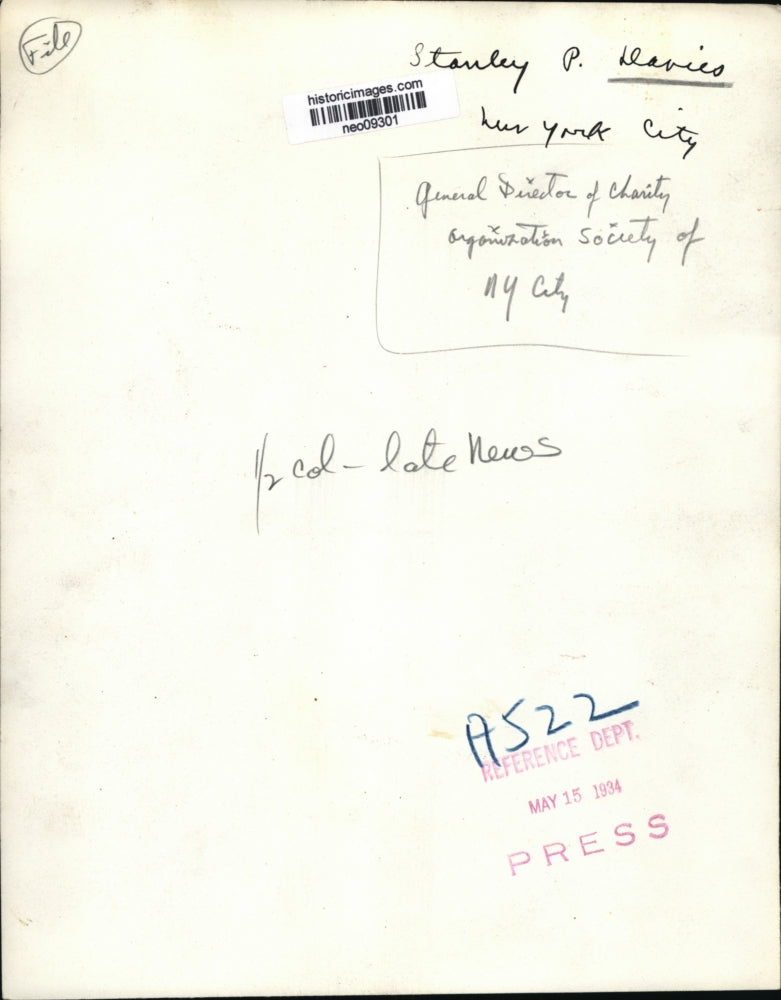 1934 Press Photo Stanel Davies General Director of Charity Organization, NY