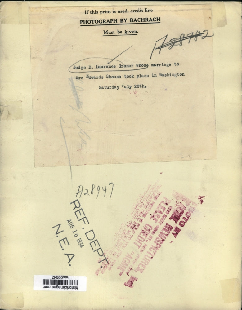 1934 Press Photo Judge D Laurence Groner Marries Mrs Edwards Shouse - neo09342