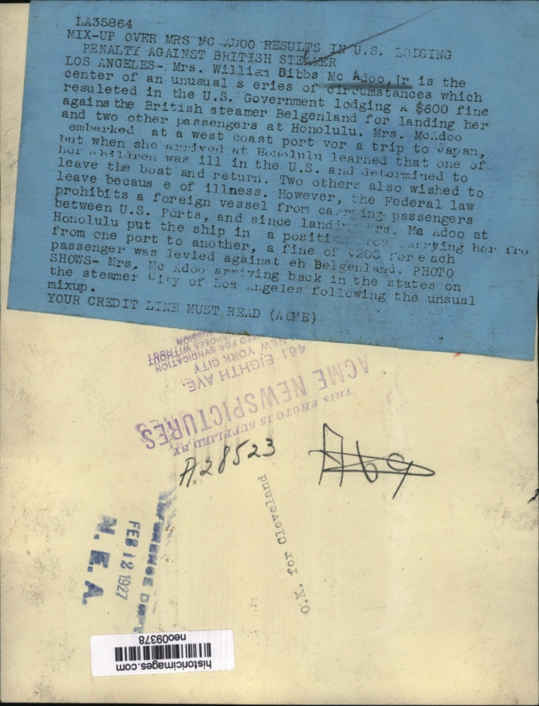 1927 Press Photo Mrs William McAdoo in US Case Against British Steamer