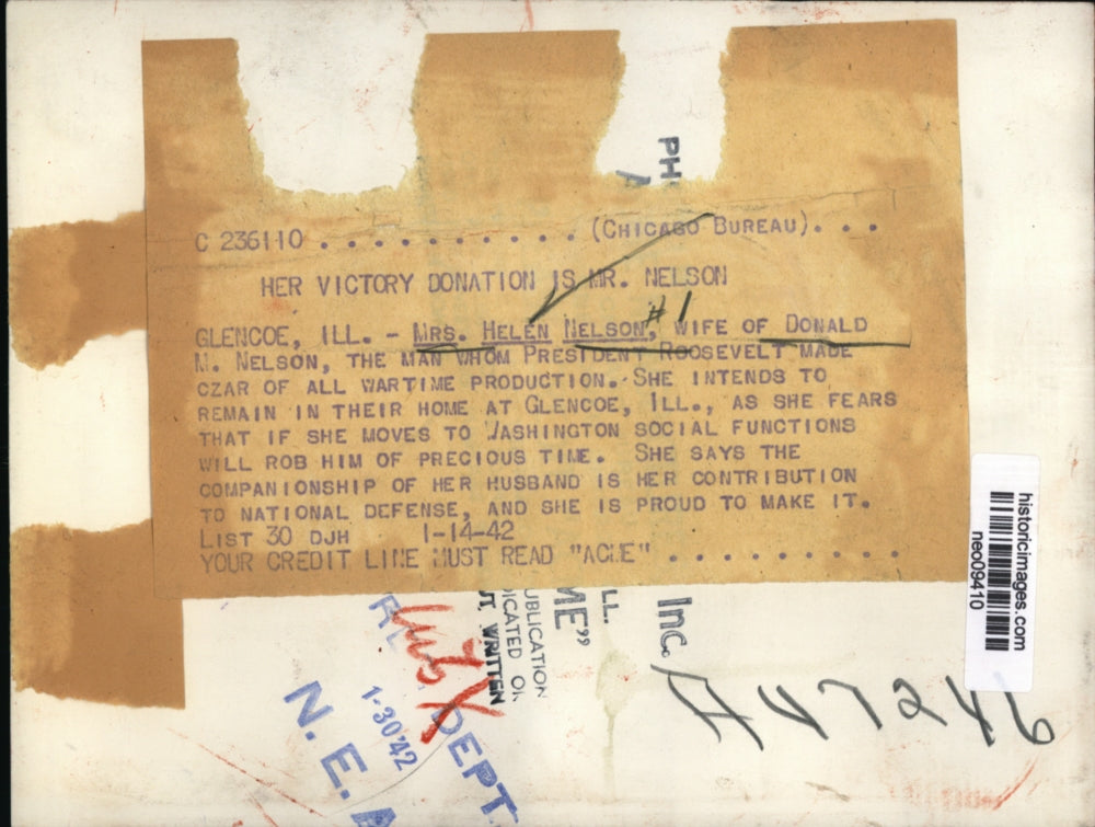 1942 Press Photo Helen Nelson, Wife of Donald M. Nelson, Wartime Production Head