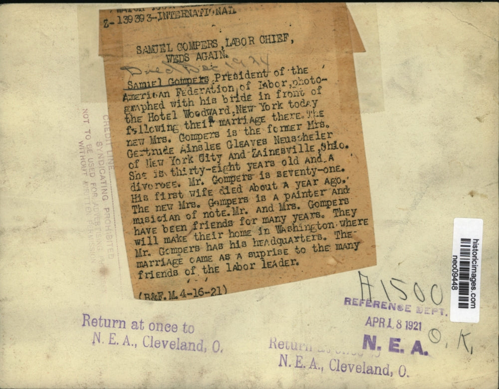 1921 Press Photo Samuel Gompers & Wife at Hotel Woodward on Wedding Day New York