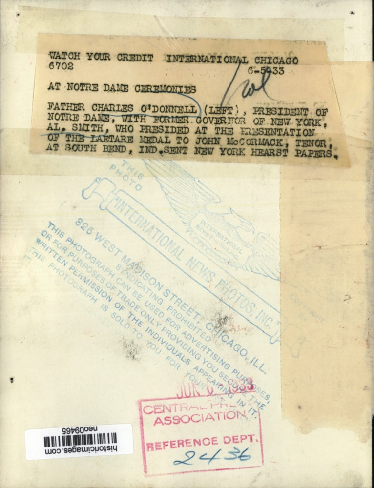 1933 Press Photo Charles O'Donnell with Gov Al Smith at Notre Dame Ceremonies