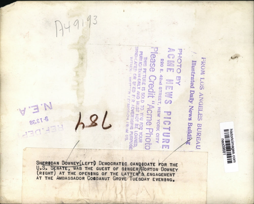 1938 Press Photo Sheridan Downey, Morton Downey at Ambassador Coconut Grove