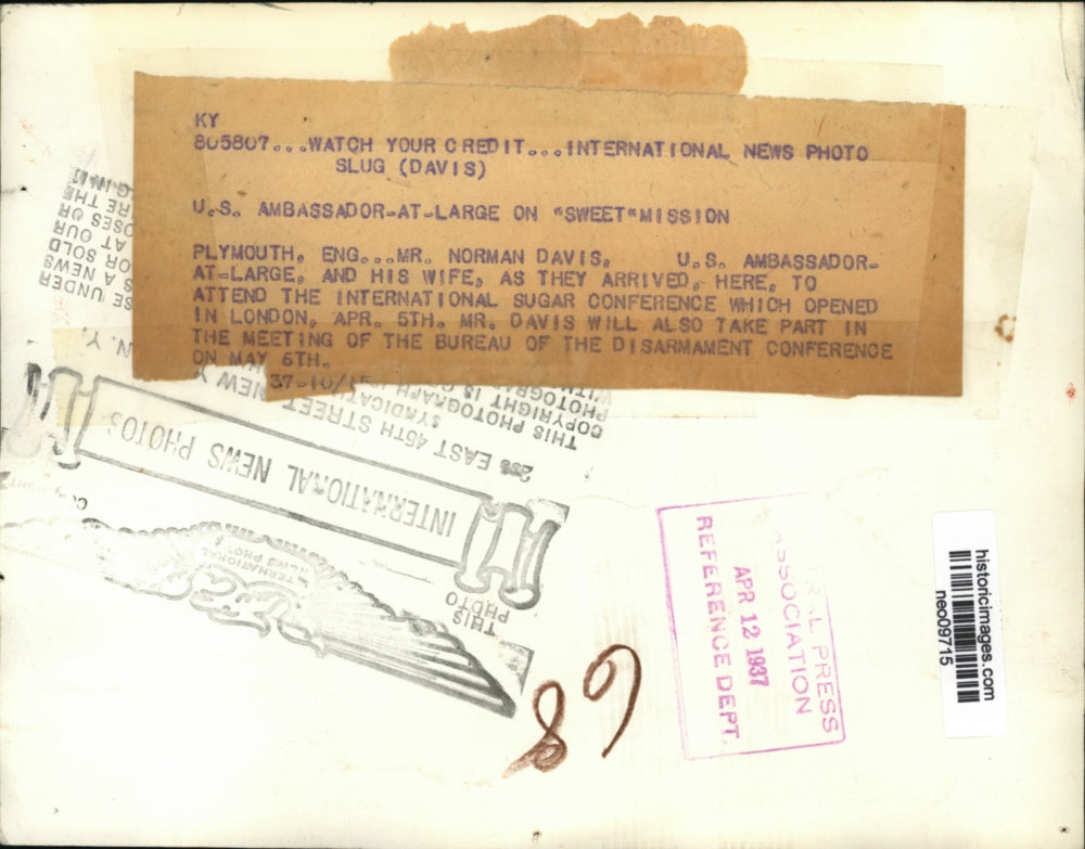 1937 Press Photo Mr & Mrs Norman Davis Attend Sugar Conference, Plymouth England