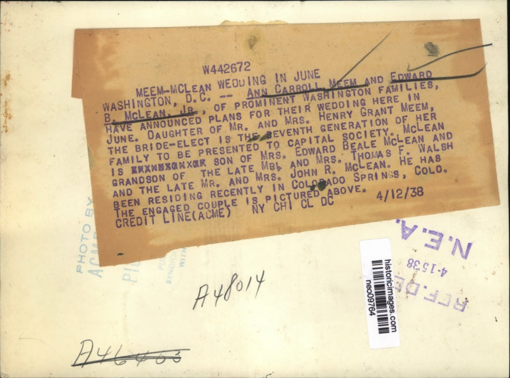 1938 Press Photo Ann Carroll Meem & Edward B. McLean Jr. plan a June Wedding