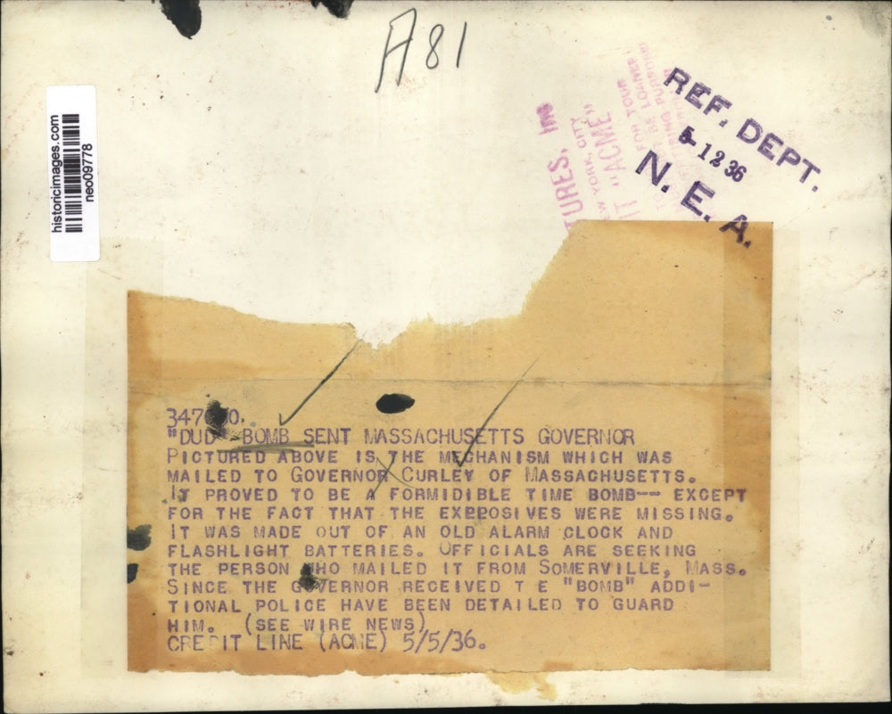1936 Press Photo bomb that was mailed to Gov. Curley of Massachusetts