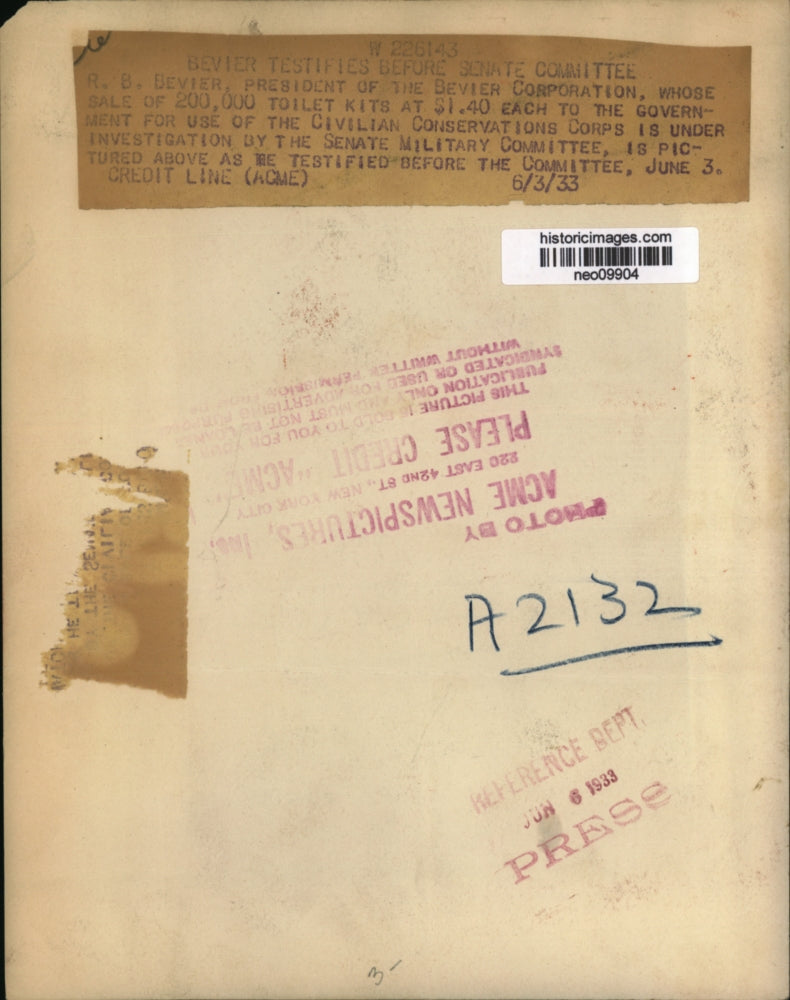 1933 Press Photo R.B. Bevier Testifies in Senate Military Committee - neo09904