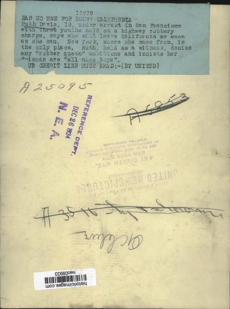 1924 Press Photo Ruth Davis arrested on highway robbery charge - neo09933