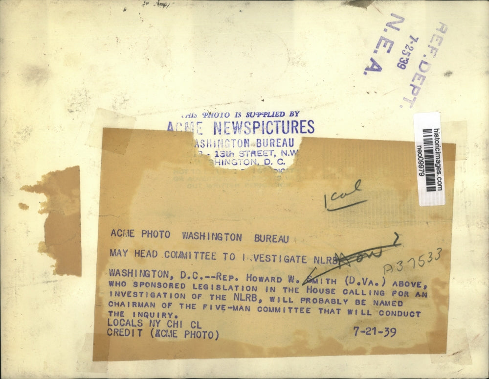 1939 Press Photo Rep Howard Smith of Virginia NLRB Investigating Committee Head