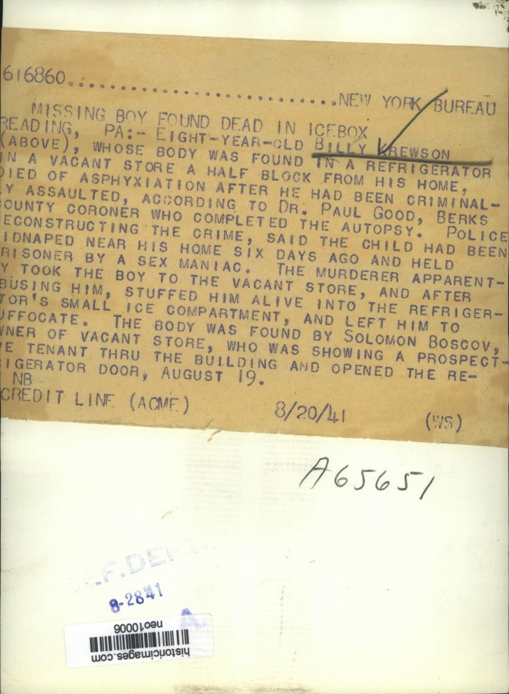 1941 Press Photo Billy Krewson Murdered Found in Reading, Pennsylvania Fridge