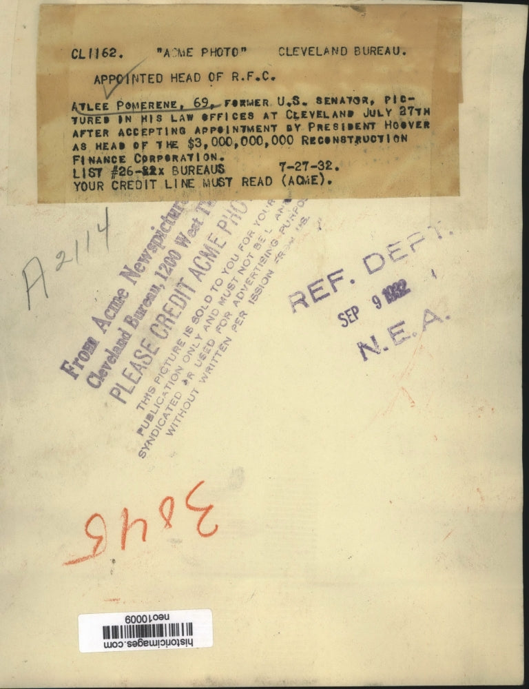 1932 Press Photo Atlee Pomerene Former Senator in Cleveland Law Office