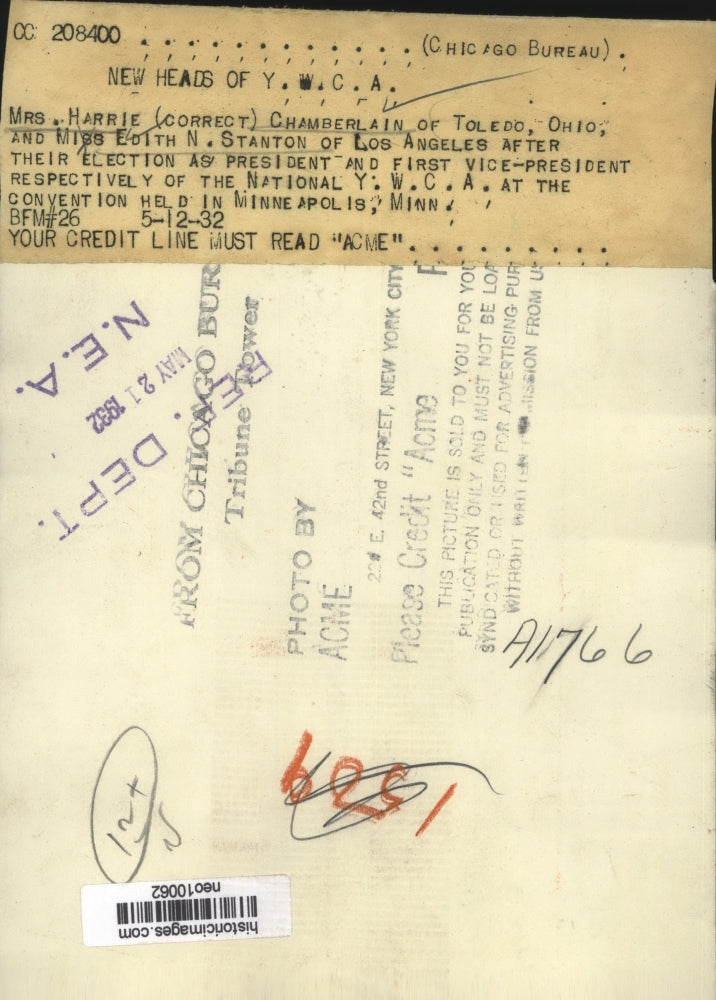 1932 Press Photo Mrs. Harrie Chamberlain & Miss Edith Stanton of Nat'l YWCA