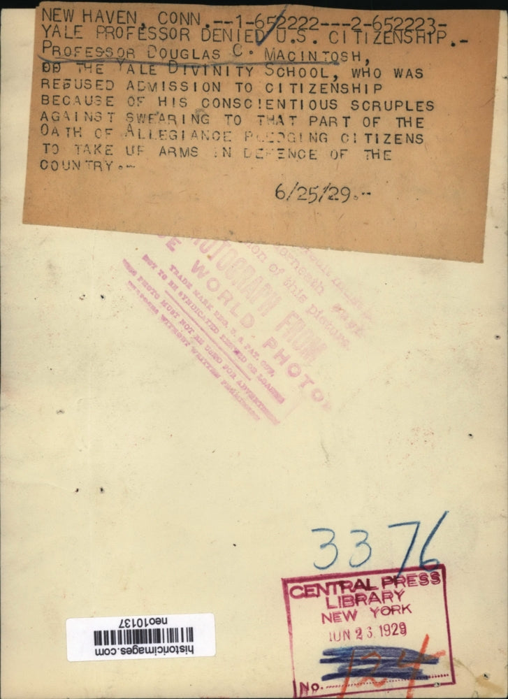 1929 Press Photo Professor Douglas C. Macintosh denied U.S. Citezenship