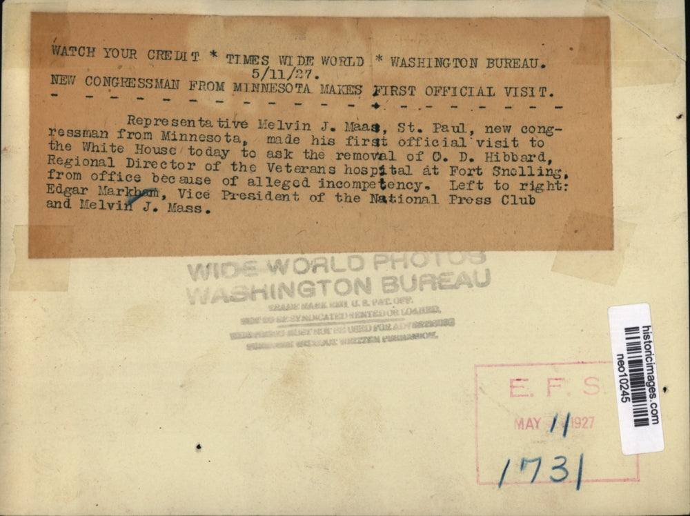 1927 Press Photo Edgar Markam & Melvin J. Mass congressman makes his first visit