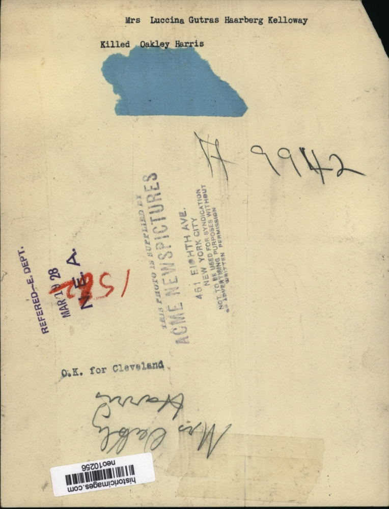 1928 Press Photo Mrs. Luccina Gutras Haarberg Kelloway killed Oakley Harris