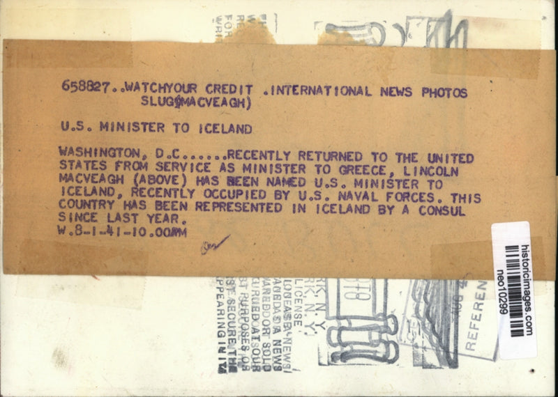 Load image into Gallery viewer, 1941 Press Photo Lincoln MacVeagh named US Minister to Iceland - neo10299
