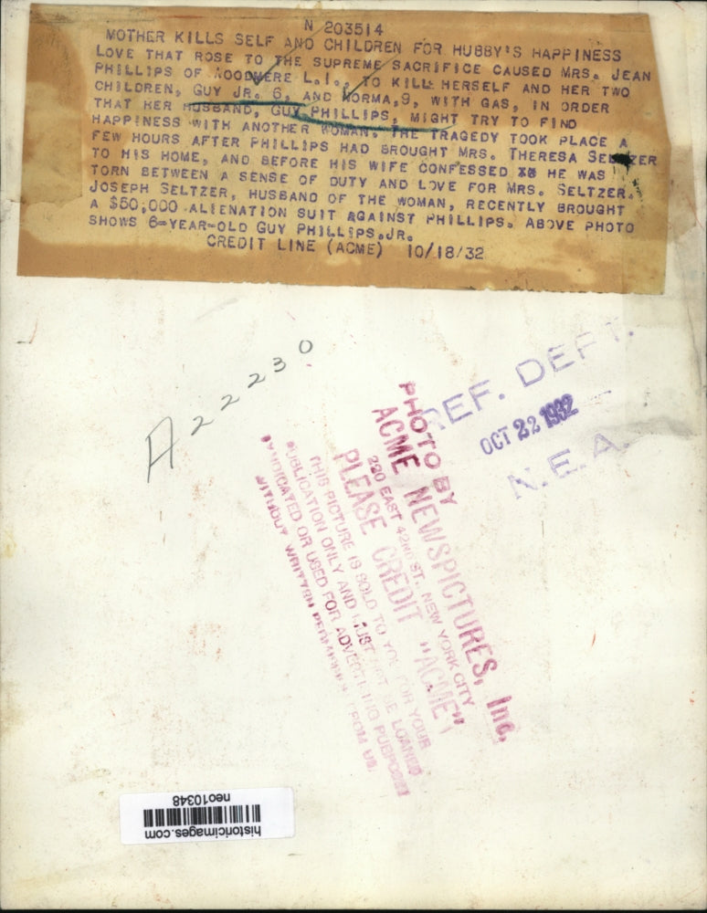 1932 Press Photo Jean Phillips killed her self & Children Guy Jr. & Norma