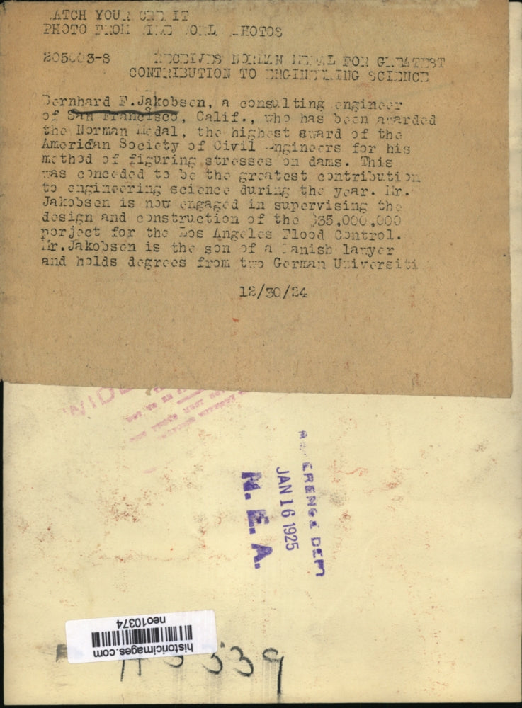 1934 Press Photo Bernhard F. Jakobson award of American Soc. of Civil Engineers