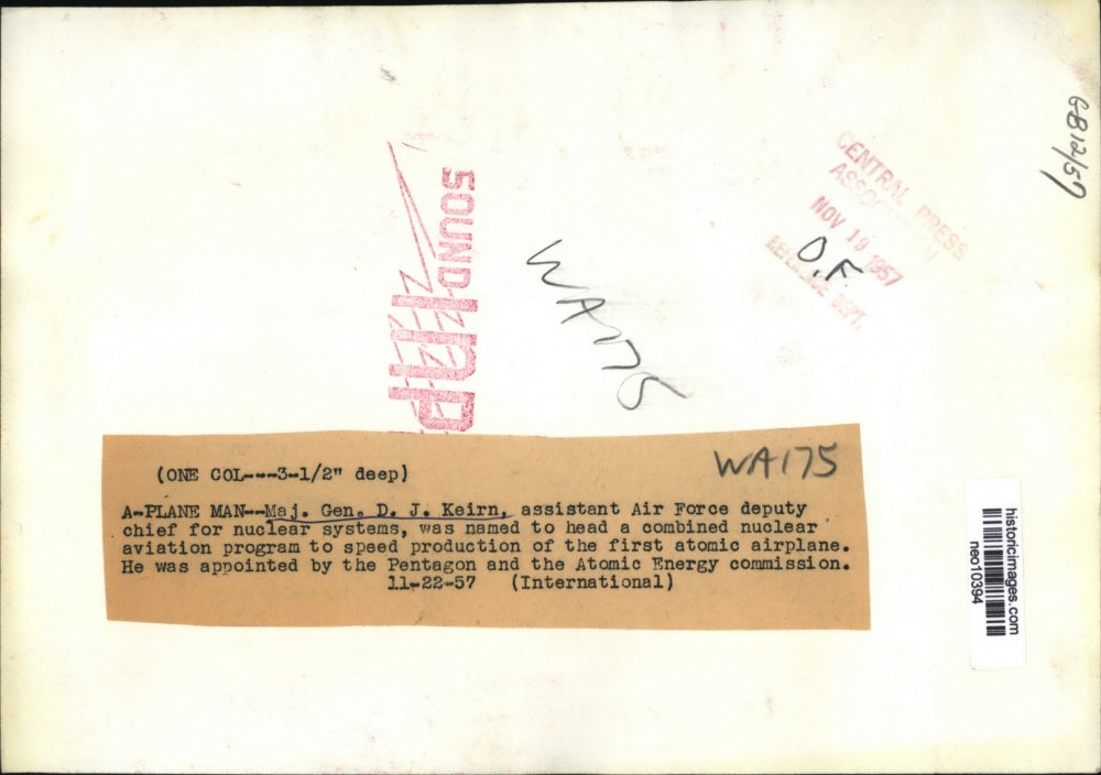 1957 Press Photo Maj. Gen. D. J. Keirn of Air Force nuclear aviation program