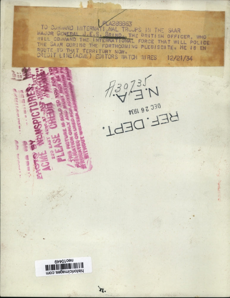 1934 Press Photo Major General J.E.S. Brind British Officer to Police Saar