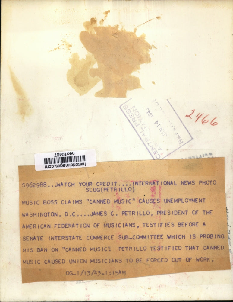 1943 Press Photo James Petrillo Testifies in Senate Interstate Subcommittee