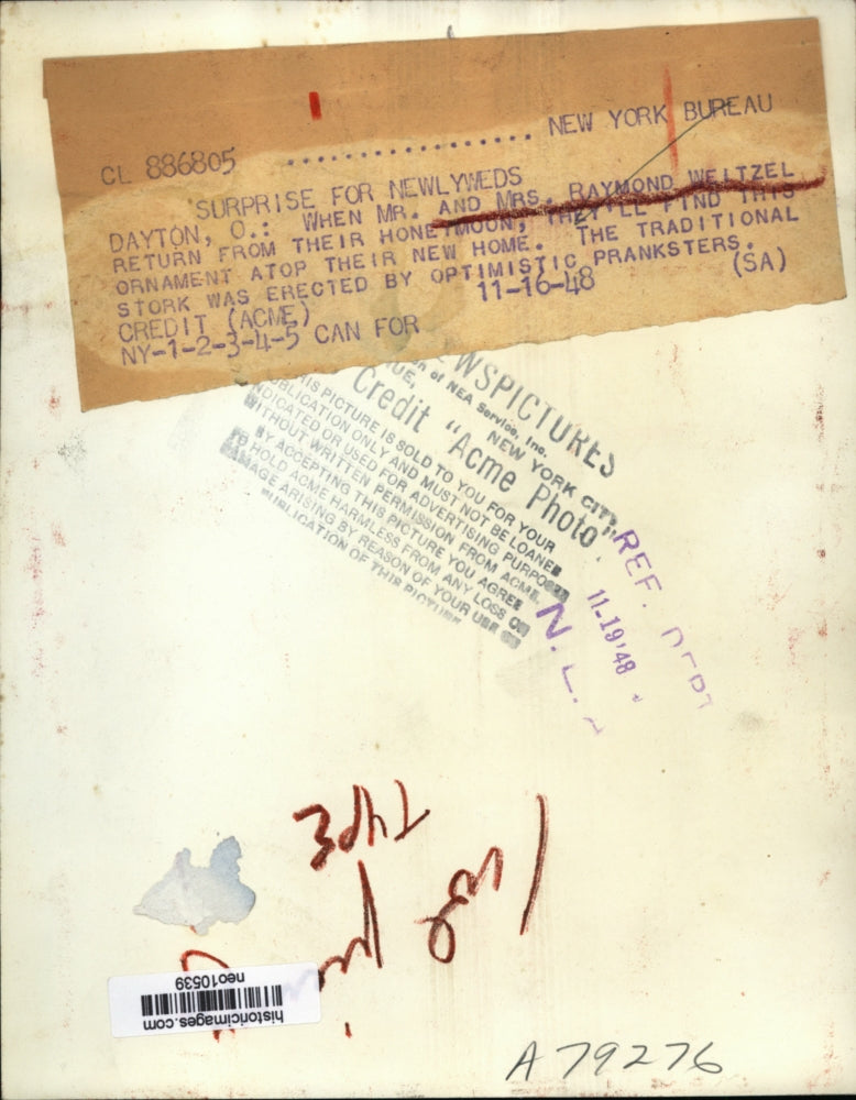 1948 Press Photo Mr. & Mrs. Raymond Weltzel find stork atop their roof in Dayton