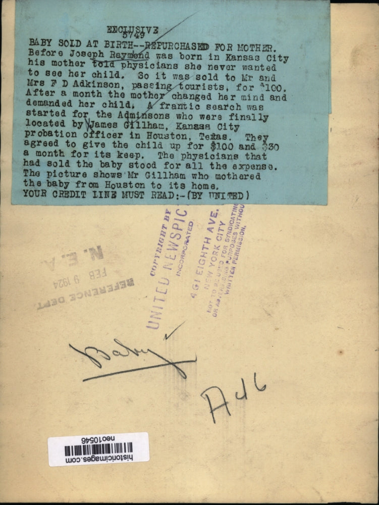 1924 Press Photo Joeseph Raymend baby sold at birth repurchased James Gillham